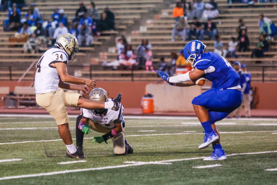 Palo Duro’s Kameron Brown (4) blocks a field goal and returns it for a touchdown in a District 2-5A Div II game against Lubbock High, Thursday, October 6, 2022, at Dick Bivins Stadium in Amarillo.  Palo Duro won, 70-0.
