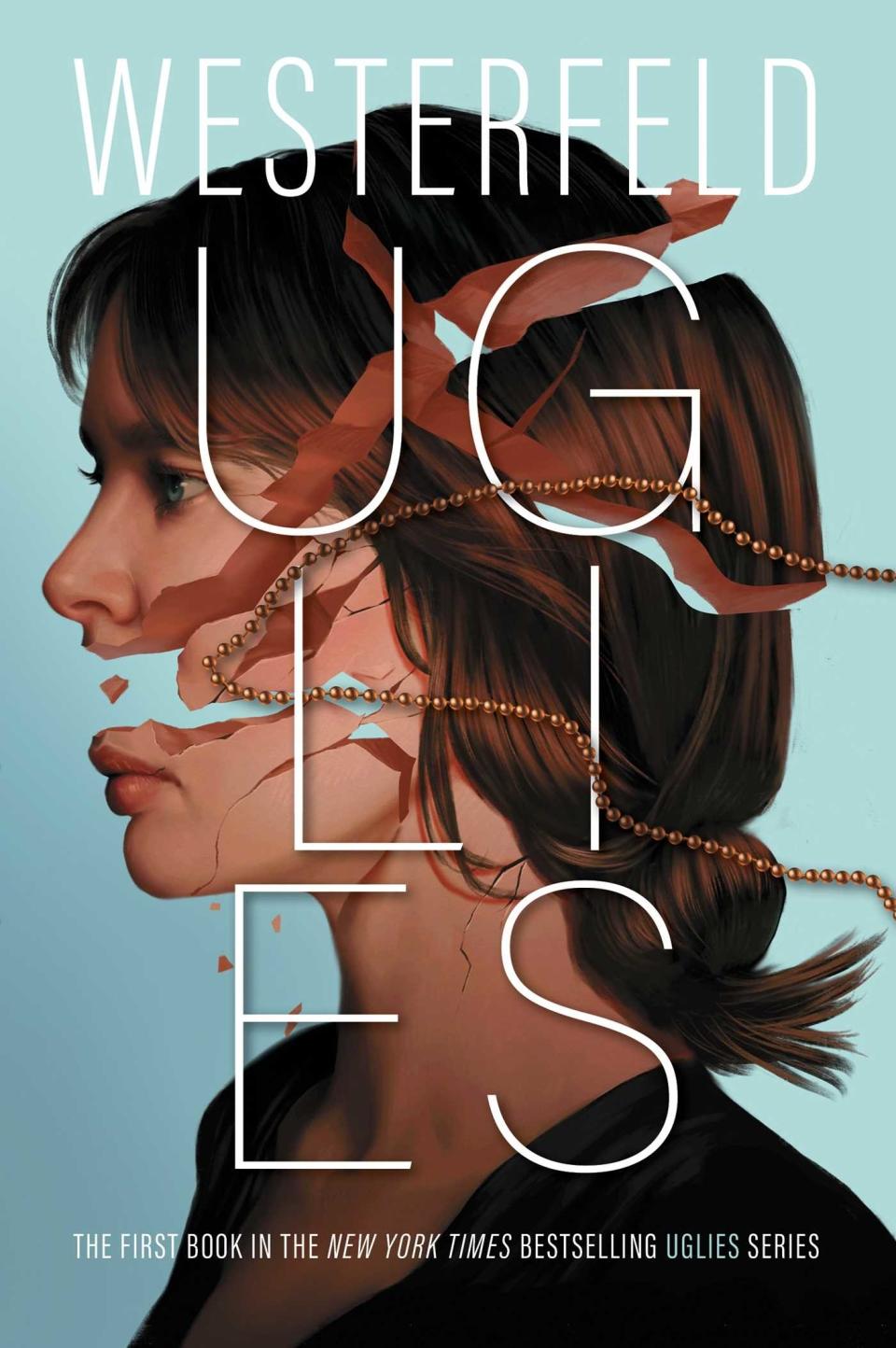 Cover of "Uglies" by Westerfeld showing a fragmented profile of a girl's face with text overlay