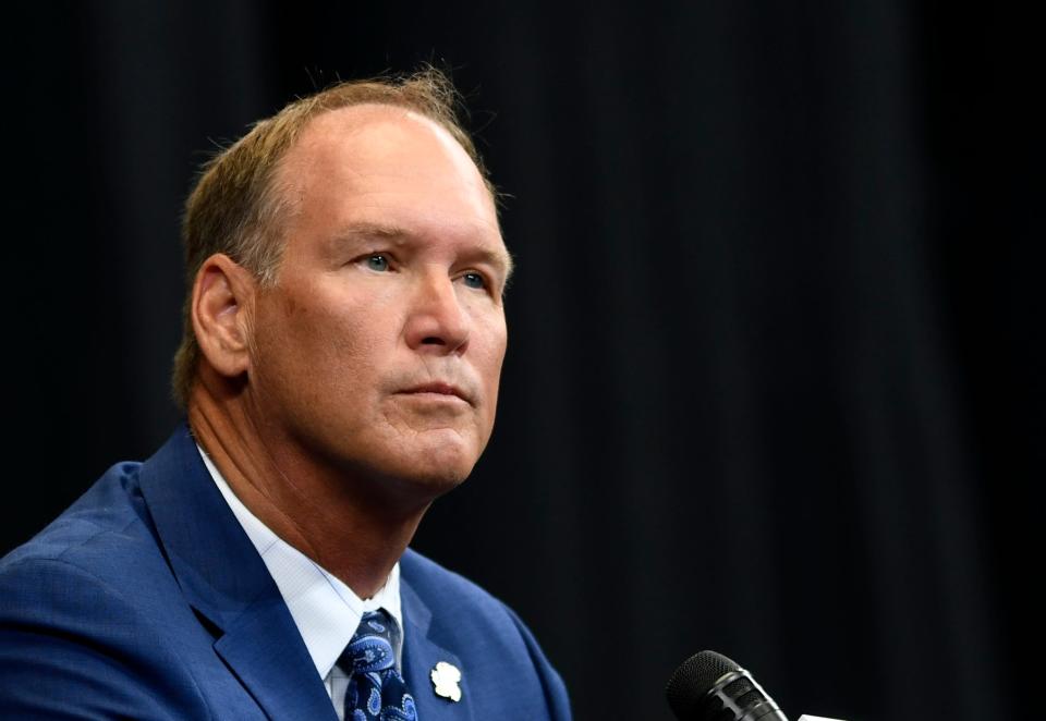 Kansas head football coach Lance Leipold speaks during first day of the Big 12 football media days, Wednesday, July 13, 2022, at AT&T Stadium in Arlington. 