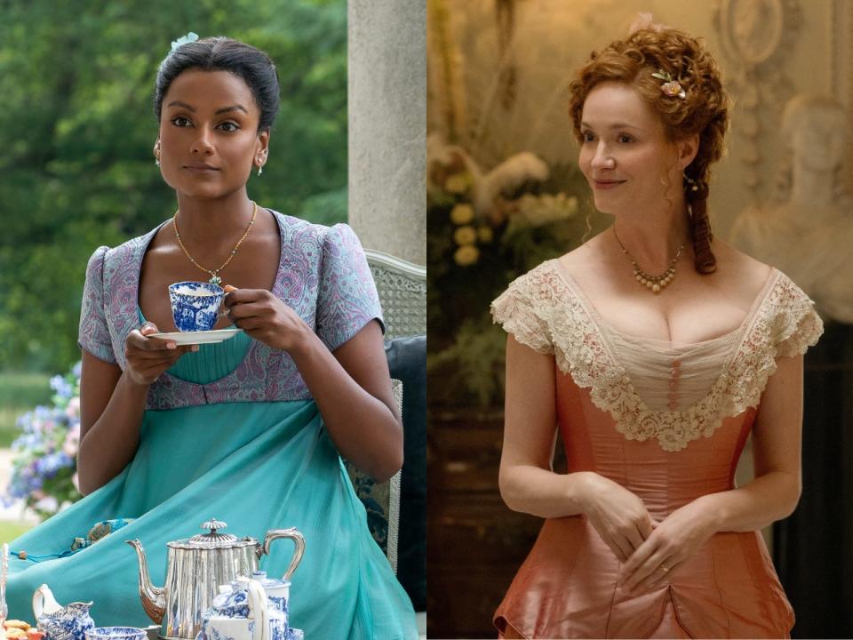 A side-by-side of Simone Ashley as Kate Sharma wearing a blue dress in "Bridgerton" and Christina Hendricks in "The Buccaneers" wearing a corseted peach dress.