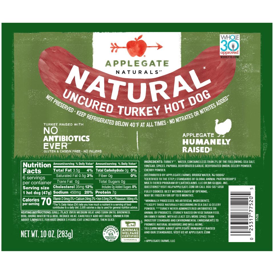 Applegate Naturals turkey hot dog packaging. Includes nutrition facts, label claims like "No Antibiotics Ever," and a USDA Organic seal. Net wt. 10 oz (283g)