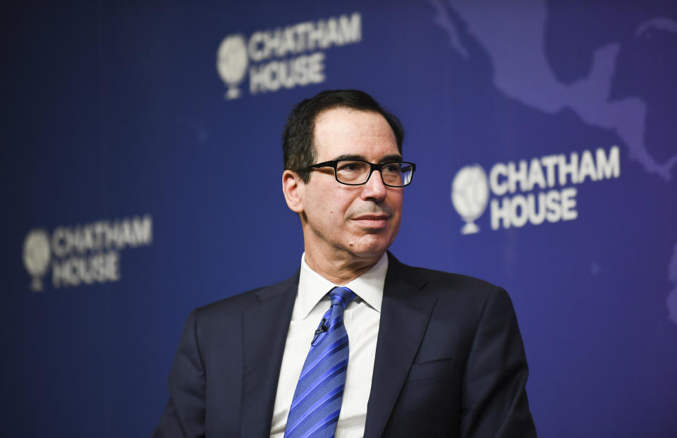 United States Treasury Secretary Steven T. Mnuchin speaks at Chatham at House in London, Saturday, Jan. 25, 2020. Mnuchin is visiting Britain Saturday for high level discussions on trade following his visit to the World Economic Forum in Davos, Switzerland. (AP Photo/Alberto Pezzali)