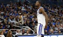 Dec 1, 2017; Orlando, FL, USA;Golden State Warriors forward Kevin Durant (35) looks on as he walks off the court after he was ejected against the Orlando Magic during the second half at Amway Center. Mandatory Credit: Kim Klement-USA TODAY Sports