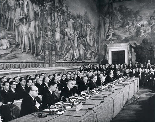 <span class="caption">Signing the Treaty of Rome in 1957.</span> <span class="attribution"><a class="link " href="https://en.wikipedia.org/wiki/Treaty_of_Rome#/media/File:Treaty_of_Rome.jpg" rel="nofollow noopener" target="_blank" data-ylk="slk:Wikipedia;elm:context_link;itc:0;sec:content-canvas">Wikipedia</a></span>