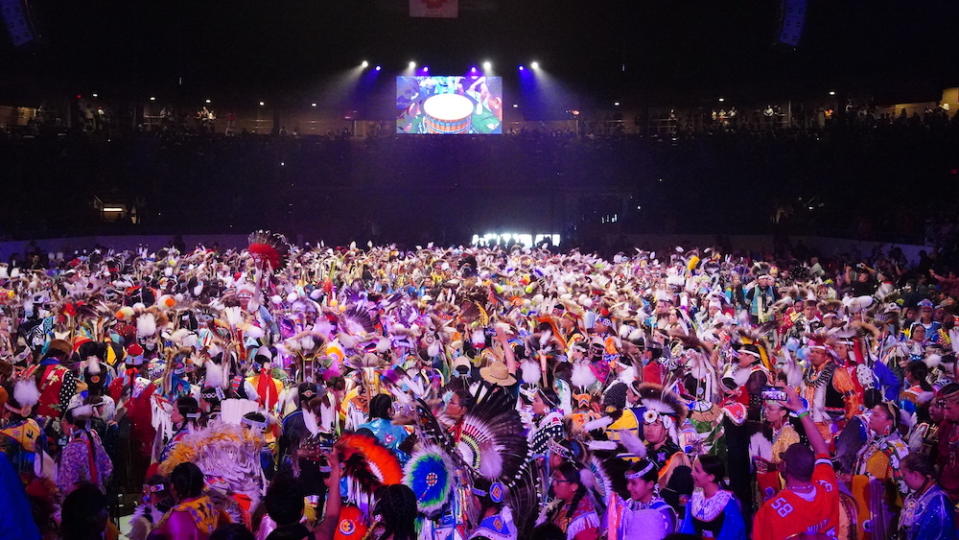 Grand Entry at the 40th Annual Gathering of Nations Powwow at the Tingley Coliseum in Albuquerque, New Mexico on Saturday, April 29, 2023. (Photo: Darren Thompson for Native News Online)      