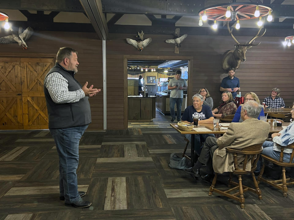 South Dakota gubernatorial candidate Jamie Smith, a Democrat, speaks during a campaign event, Wednesday, Nov. 2, 2022 in Oacoma, Kan. Smith has mounted a longshot bid to unseat Gov. Kristi Noem in the heavily-Republican state. (Austin Goss/KOTA-TV via AP)