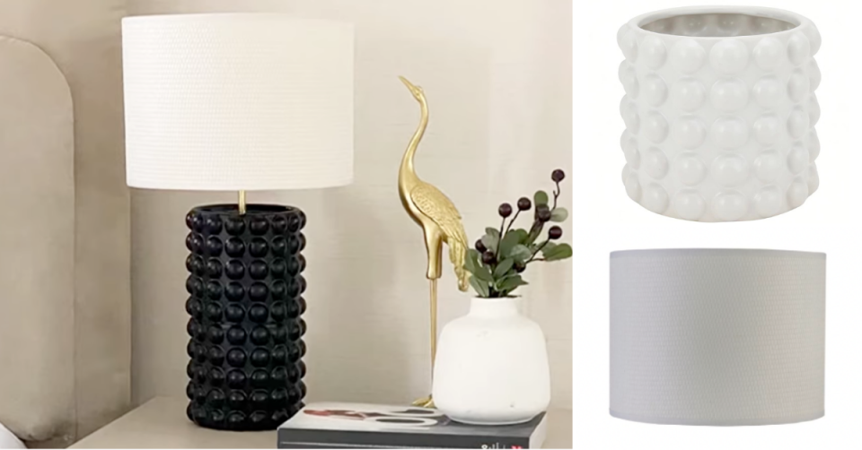 A finished lamp in the style of a designer lamp; the Kmart plant pots used to make the base; the new lamp shade that was used.
