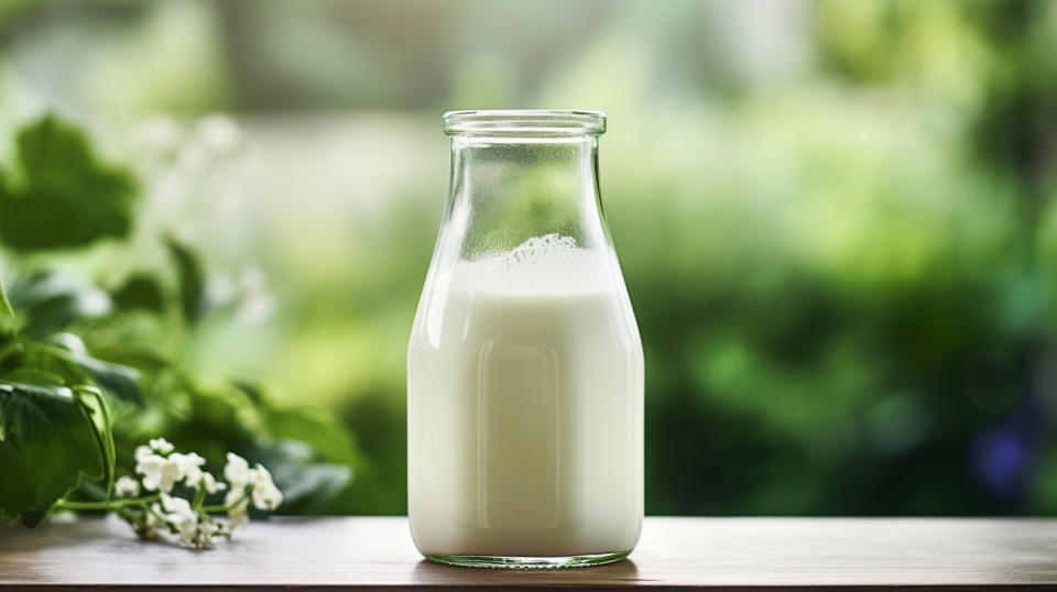 A close-up of a glass bottle of kefir, revealing its probiotic-based properties.