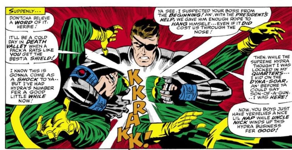 A panel from Strange Tales 156 with Nick Fury bashing heads