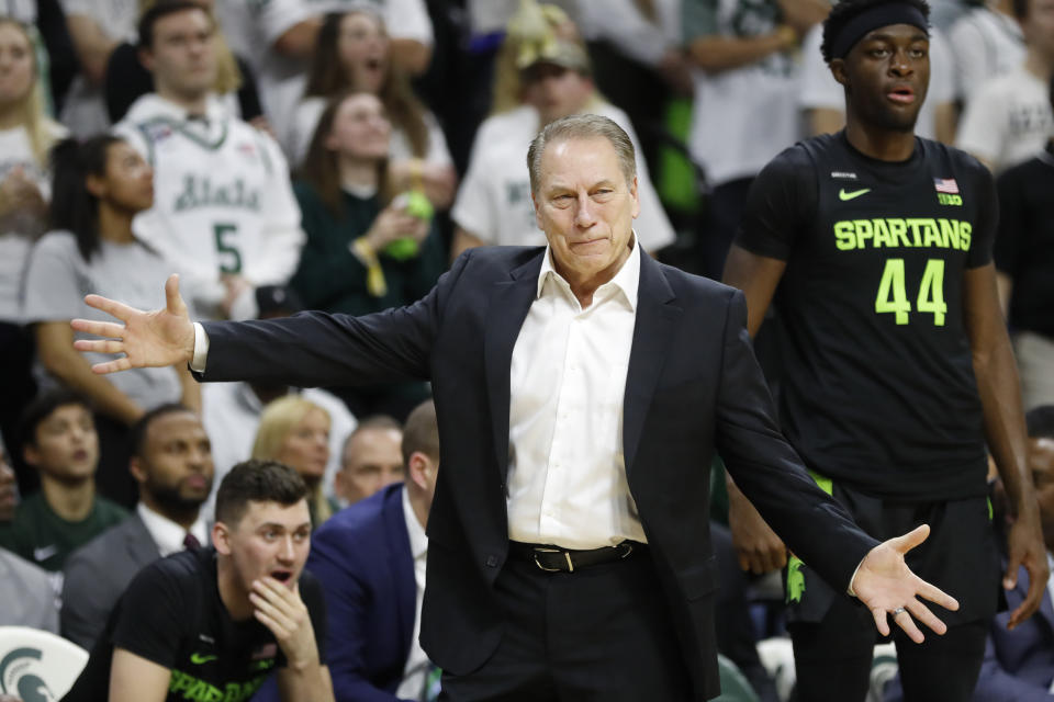 Michigan State head coach Tom Izzo reacts on the sideline during the first half of an NCAA college basketball game against Wisconsin, Friday, Jan. 17, 2020, in East Lansing, Mich. (AP Photo/Carlos Osorio)