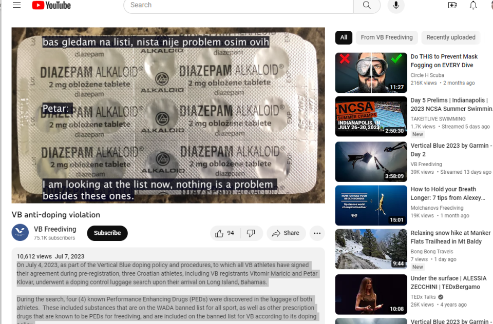 In this screenshot from a video posted by Vertical Blue organizers, a banned substance found in a Croatian athlete's suitcase is displayed. It is a benzodiazepine, which relaxes users.