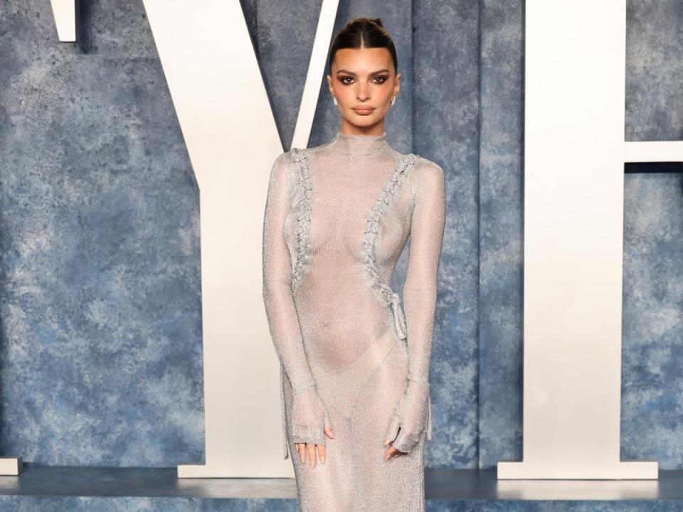 Ratajkowski wore a sheer Feben dress with bodice detailing over her chest (Getty Images)