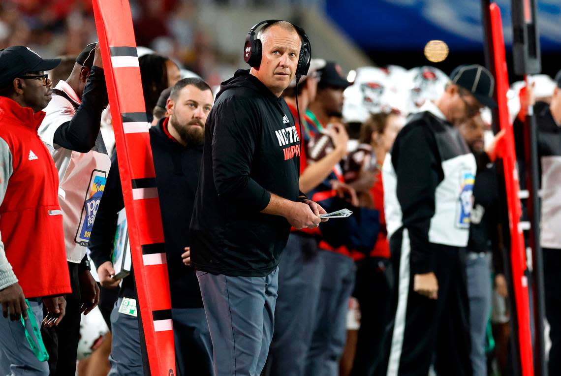 N.C. State head coach Dave Doeren watches during the first half of N.C. State’s game against Kansas State in the Pop-Tarts Bowl at Camping World Stadium in Orlando, Fla., Thursday, Dec. 28, 2023. Ethan Hyman/ehyman@newsobserver.com