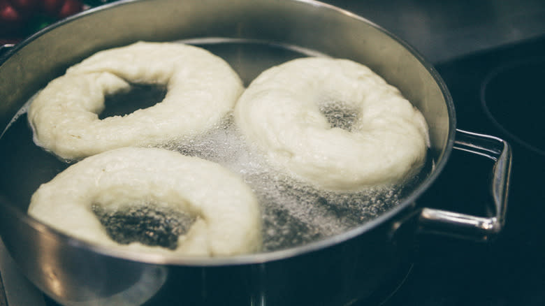 bagels on pot of boiling water