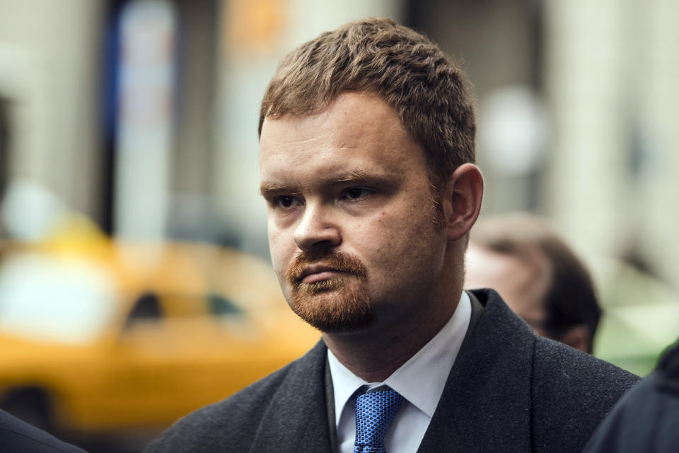 FILE - In this Dec. 20, 2017, file photo, Brandon Bostian, the engineer involved in the 2015 Amtrak derailment in Philadelphia that that left eight people dead and about 200 injured, departs from the center for criminal justice in Philadelphia. Manslaughter charges filed against Bostian have been dropped for a second time. A defense lawyer argued Tuesday, July 23, 2019, that any mistakes made by Bostian do not amount to a crime, and a city judge agreed. The state Attorney General's Office says it will appeal the latest ruling. (AP Photo/Matt Rourke, File)