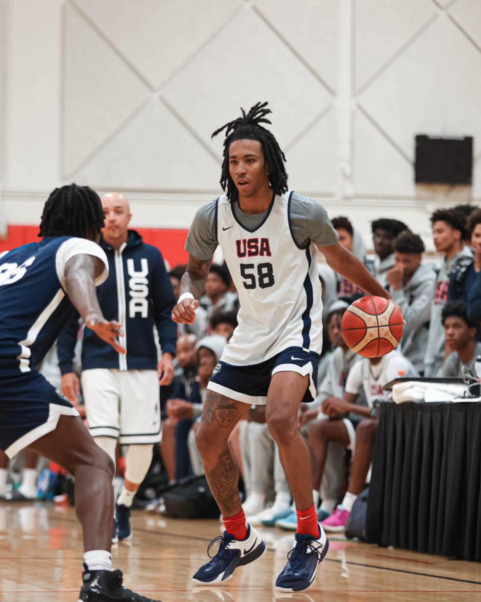 Class of 2024 college basketball recruit Boogie Fland dribbles the ball during the USA Basketball junior national team minicamp in October 2023 in Colorado Springs, Colorado. USA Basketball