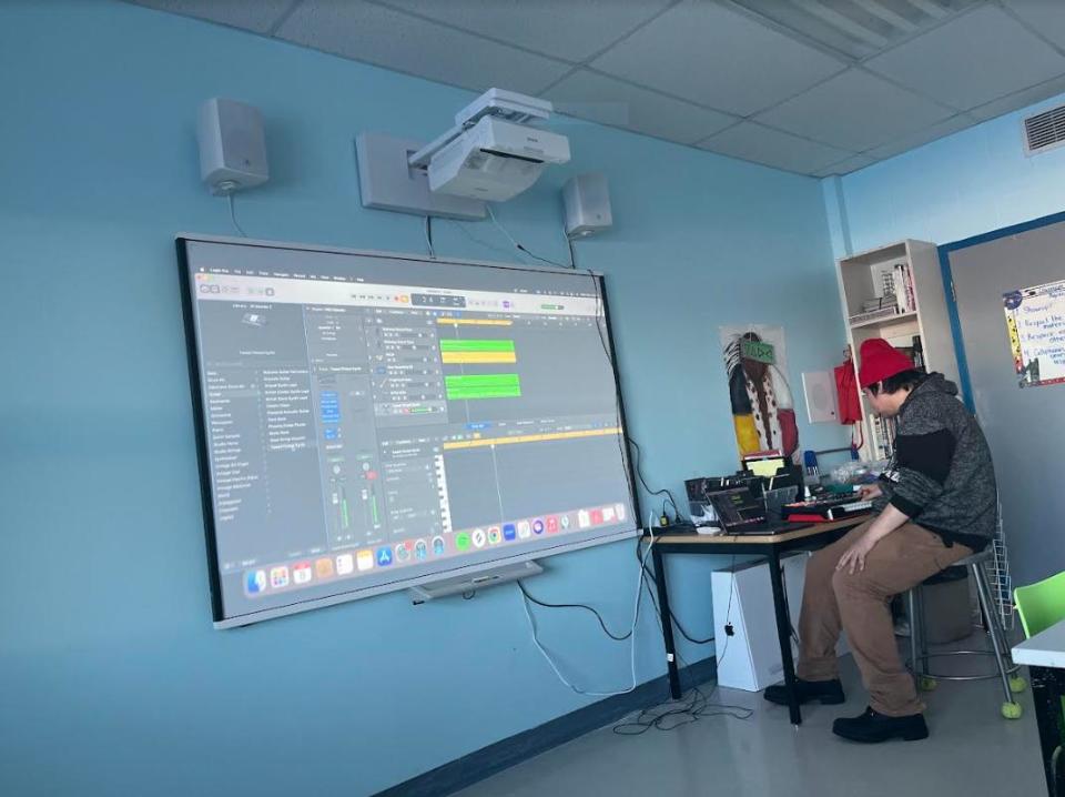 Napash sets up recording studio in northern Cree school classroom.