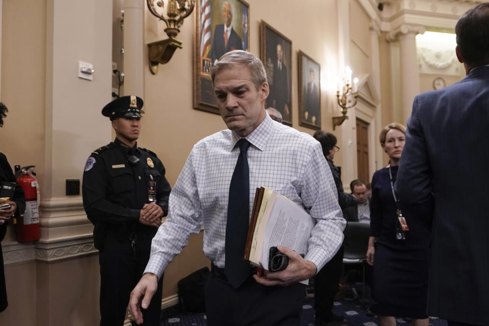 FILE - Rep. Jim Jordan, R-Ohio, returns to the House Intelligence Committee on Capitol Hill in Washington, Thursday, Nov. 21, 2019, during a public impeachment hearing on then-President Donald Trump's efforts to tie U.S. aid for Ukraine to investigations of his political opponents. (AP Photo/J. Scott Applewhite, File)