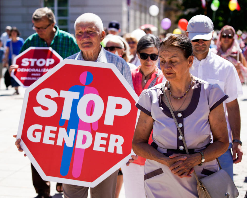 People are seen taking part in the March for Life and Family in Warsaw, Poland on June 9, 2019. Several thousand people took part in the march that was meant to counter the gay pride march of the previous day. | Jaap Arriens—NurPhoto via Getty Images)