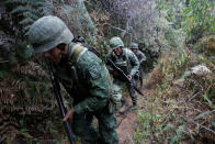 <p>Soldiers take position to guard an area where poppy plants are being destroyed during a military operation in the municipality of Coyuca de Catalan, Mexico, April 18, 2017. (Photo: Henry Romero/Reuters) </p>