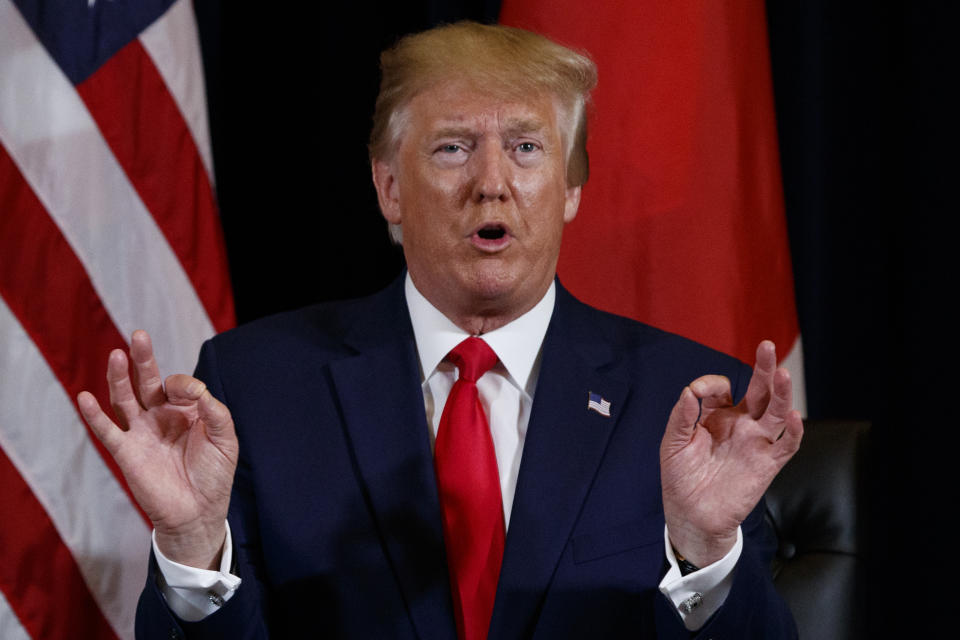 President Donald Trump speaks during a meeting with Japanese Prime Minister Shinzo Abe at the InterContinental Barclay New York hotel during the United Nations General Assembly, Wednesday, Sept. 25, 2019, in New York. (AP Photo/Evan Vucci)