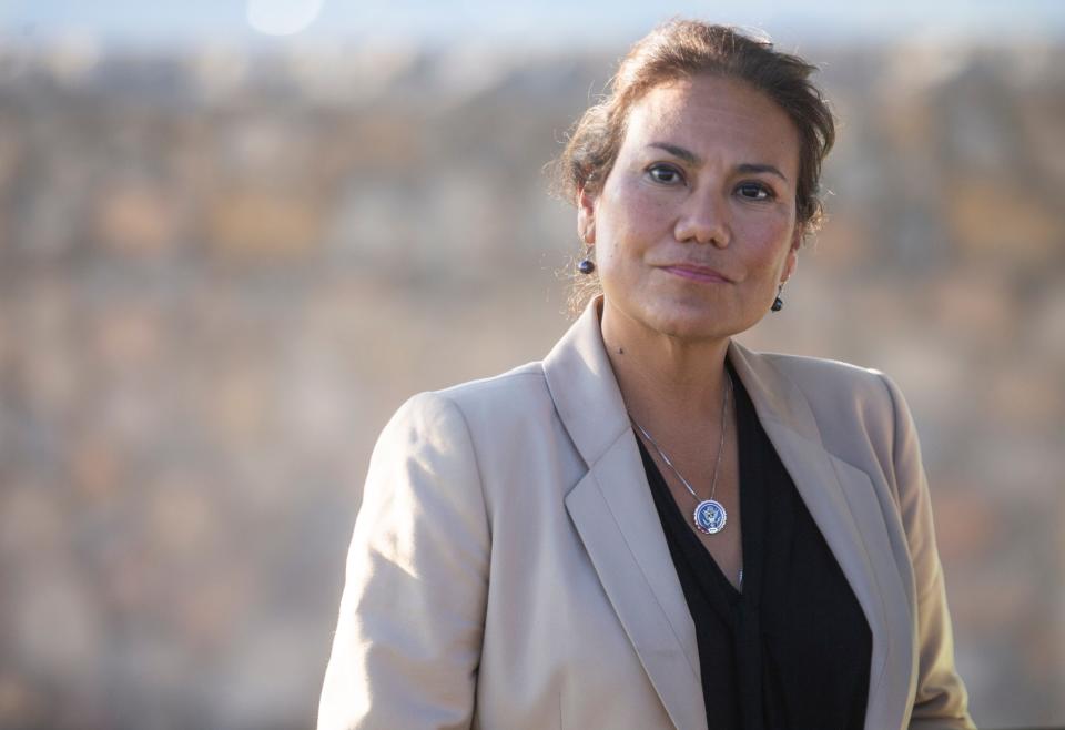 U.S. Rep. Veronica Escobar, D-El Paso, speaks to media members about her tour inside Fort Bliss in El Paso, Texas, after touring the facility where Afghan refugees are housed on Wednesday, Aug. 25, 2021.