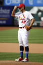 St. Louis Cardinals starting pitcher Adam Wainwright (50) pauses on the mound before pitching during the ninth inning of a baseball game against the Cleveland Indians Sunday, Aug. 30, 2020, in St. Louis. (AP Photo/Scott Kane)