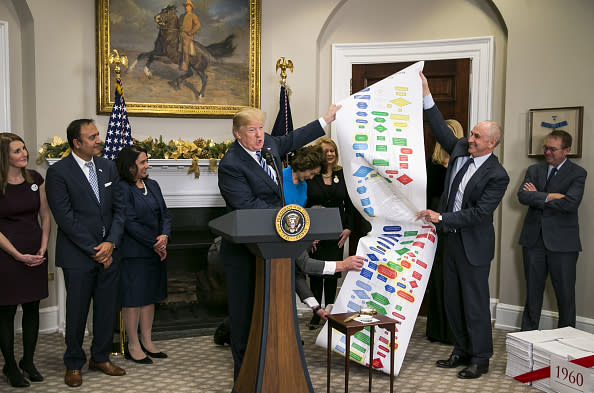 President Donald Trump, center, and Chris Liddell, White House director of strategic initiatives, second right, hold up a chart outlining the process to build a federal highway during an event in the White House, Thursday, Dec. 14, 2017. (Getty)