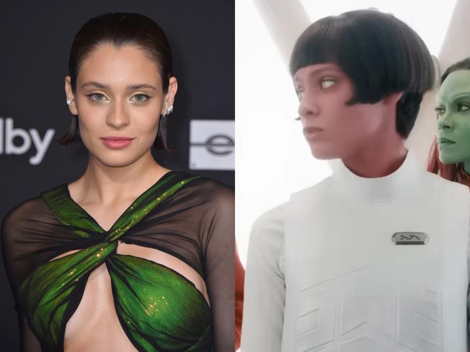On the left: Daniela Melchior at the LA premiere of "Guardians of the Galaxy Vol. 3." On the right: Melchior in "Guardians of the Galaxy Vol. 3."