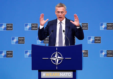 FILE PHOTO: NATO Secretary-General Jens Stoltenberg speaks at a news conference after a NATO defence ministers meeting at the Alliance headquarters in Brussels, Belgium, October 4, 2018. REUTERS/Francois Lenoir/File photo