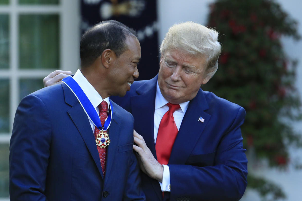 President Donald Trump awards the Presidential Medal of Freedom to Tiger Woods during a ceremony in the Rose Garden of the White House in Washington, Monday, May 6, 2019. (AP Photo/Manuel Balce Ceneta)