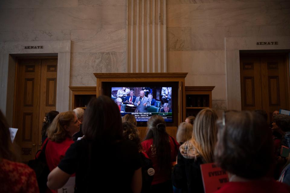 Protesters gather and watch Sen. Paul Bailey R- Sparta discuss his bill, outside the Senate doors after being removed from the gallery at the Tennessee Capitol in Nashville, Tenn., Tuesday, April 9, 2024.