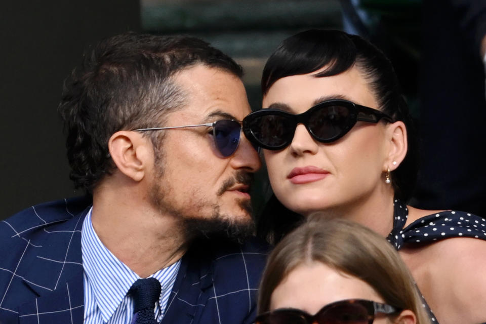 LONDON, ENGLAND - JULY 05: Orlando Bloom and Katy Perry attend day three of the Wimbledon Tennis Championships at All England Lawn Tennis and Croquet Club on July 05, 2023 in London, England. (Photo by Karwai Tang/WireImage)