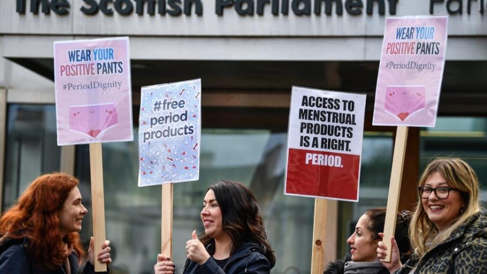 Labour MSP Monica Lennon (second from left) joins campaigners and activists for a February rally in support of the Scottish Government’s Support For Period Products Bill in Edinburgh, Scotland. The Scots have addressed “period poverty” by making sanitary products available to all free of charge. (Photo by Jeff J Mitchell/Getty Images)