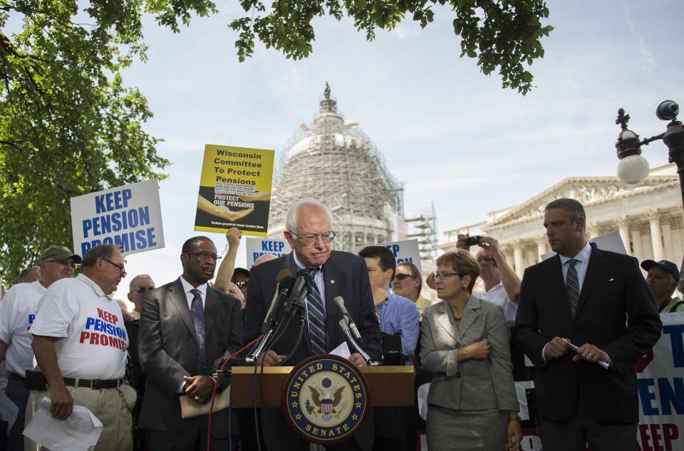 Sen. Bernie Sanders speaks during a news conference to discuss legislation to restore pension guarantees for thousands of retired union workers, in front of the US Capitol in Washington, D.C. on June 18, 2015. 