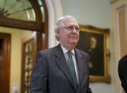 Senate Minority Leader Mitch McConnell, R-Ky., leaves the chamber as lawmakers work to advance the $1 trillion bipartisan bill, at the Capitol in Washington, Thursday, Aug. 5, 2021. (AP Photo/J. Scott Applewhite)