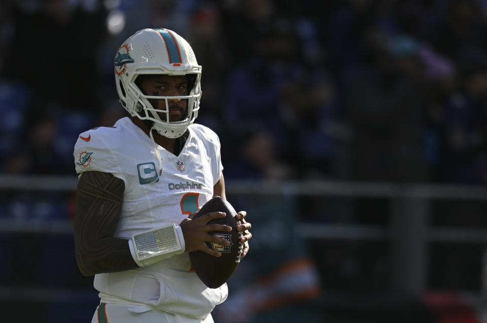 Dec 31, 2023; Baltimore, Maryland, USA; Miami Dolphins quarterback <a class="link " href="https://sports.yahoo.com/nfl/players/32675/" data-i13n="sec:content-canvas;subsec:anchor_text;elm:context_link" data-ylk="slk:Tua Tagovailoa;sec:content-canvas;subsec:anchor_text;elm:context_link;itc:0">Tua Tagovailoa</a> (1) on the field before the game against the Baltimore Ravens at M&T Bank Stadium. Mandatory Credit: Tommy Gilligan-USA TODAY Sports