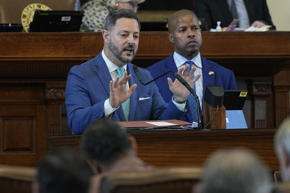 FILE - Texas Rep. Rafael Anchia, D-Dallas, left, and Rep. Ron Reynolds, D-Missouri City, right, debate a voting bill at the Texas Capitol in Austin, Texas, May 23, 2023. A judge on Tuesday, Aug. 15, called unconstitutional the new law passed by the GOP-led Texas Legislature that will dictate how elections are run in the state’s most populous county, which is a Democratic stronghold and home to Houston. (AP Photo/Eric Gay, File)