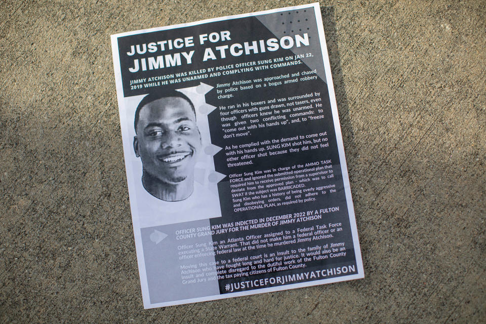 A flyer created by Jimmy Hill outside of the Richard B. Russell Federal building and Courthouse in Atlanta. (Alyssa Pointer for NBC News)