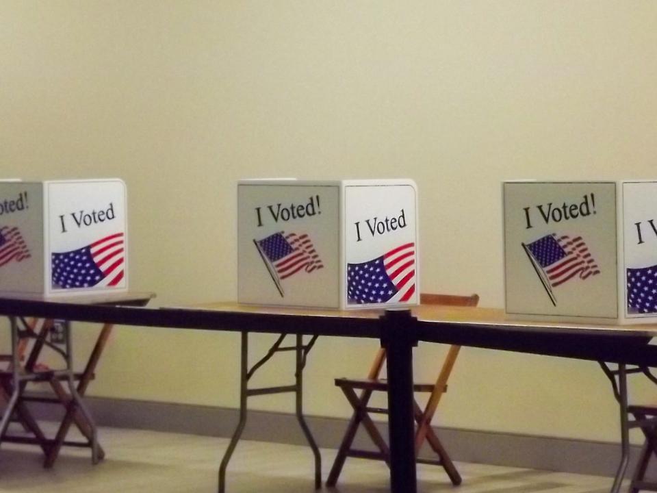 Voting tables inside Posvar Hall at Pitt on Tuesday, Nov. 7, 2023.