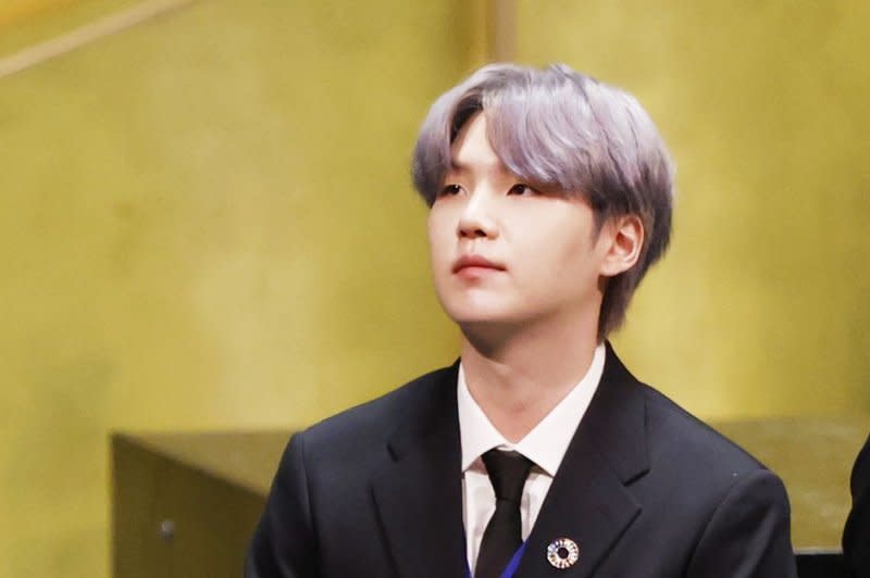 Suga attends the general debate of the 76th session of the United Nations General Assembly at the United Nations headquarters in New York City on September 20, 2021. The BTS member celebrates his 31st birthday on March 9. File photo by John Angelillo/UPI