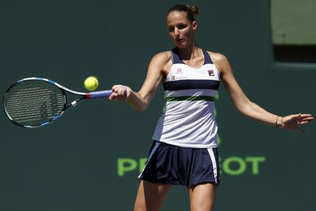 Mar 28, 2017; Miami, FL, USA; Karoilina Pliskova of the Czech Republic hits a forehand against Mirjana Lucic-Baroni of Croatia (not pictured) on day eight of the 2017 Miami Open at Crandon Park Tennis Center. Mandatory Credit: Geoff Burke-USA TODAY Sports