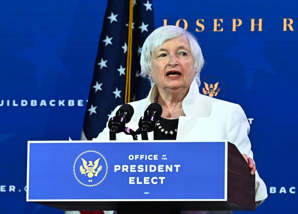 Janet Yellen, nominee for US Treasury Secretary, speaks during a cabinet announcement event at The Queen Theater in Wilmington, Delaware (AFP via Getty Images)