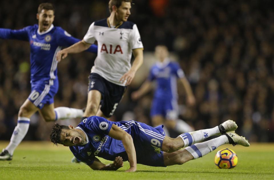 <p>Chelsea’s Diego Costa shouts as he falls during the English Premier League soccer match between Tottenham Hotspur and Chelsea at White Hart Lane stadium in London, Wednesday, Jan. 4, 2017. (AP Photo/Alastair Grant) </p>