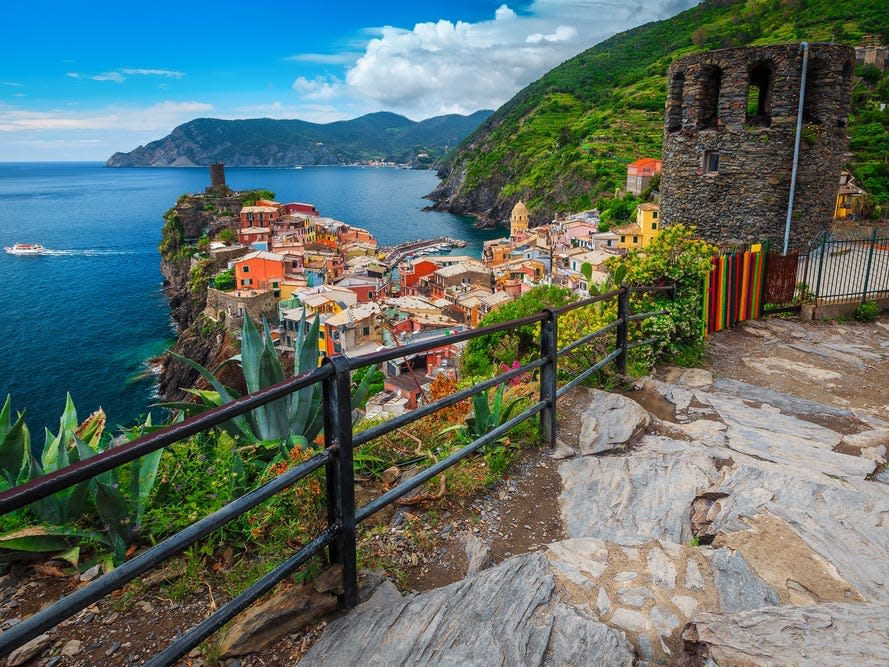 The view of a seaside Cinque Terre town from a hiking trail.