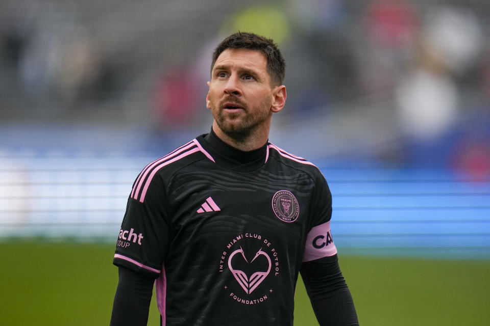 Inter Miami's Lionel Messi looks on during the first half of a preseason friendly MLS soccer match against FC Dallas Monday, Jan. 22, 2024, at the Cotton Bowl in Dallas. (AP Photo/Julio Cortez)