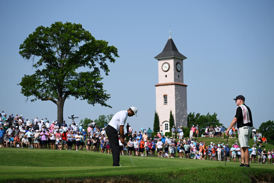 TULSA, OKLAHOMA - MAY 18: Tiger Woods of the United States putts on the fourth green during a practice round prior to the start of the 2022 PGA Championship at Southern Hills Country Club on May 18, 2022 in Tulsa, Oklahoma. (Photo by Ross Kinnaird/Getty Images)