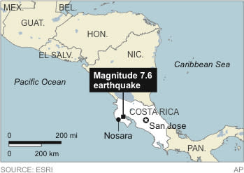 Map locates a magnitude 7.6 earthquake in Costa Rica