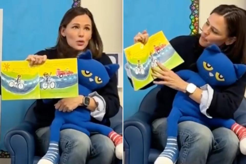<p>Jennifer Garner/Instagram</p> Jennifer Garner, joined by Pete the Cat, reads to school kids.
