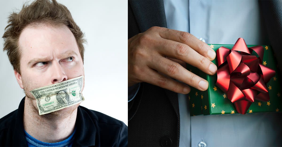 An angry man with a dollar covering his mouth and then a person in a suit holding up a small-sized Christmas gift.